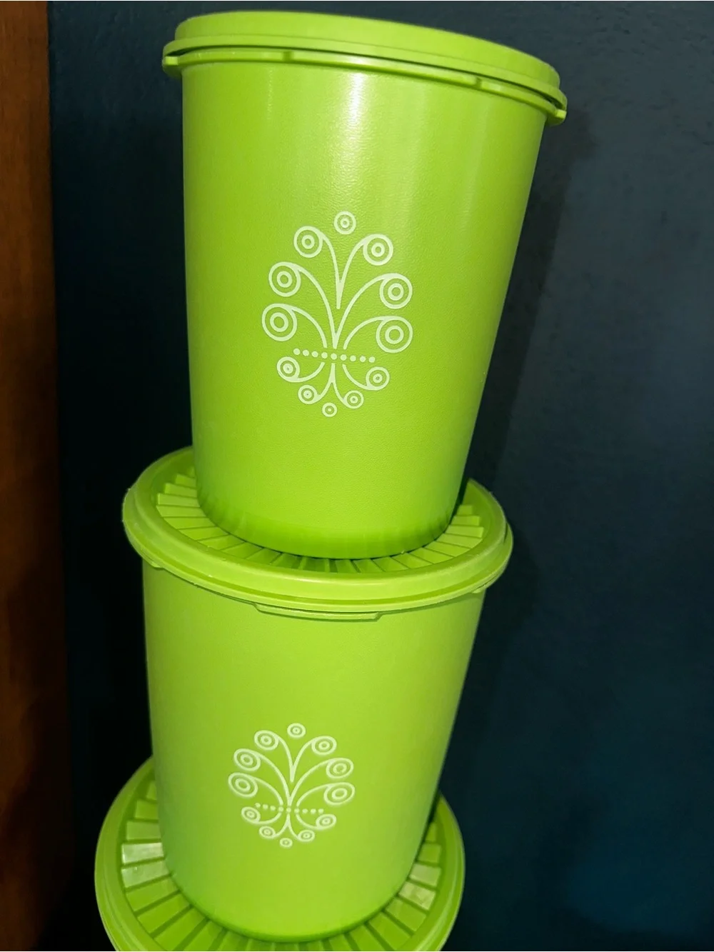 VTG-Tupperware Bright Lime Green Stackable Canisters with Decorative White Motif